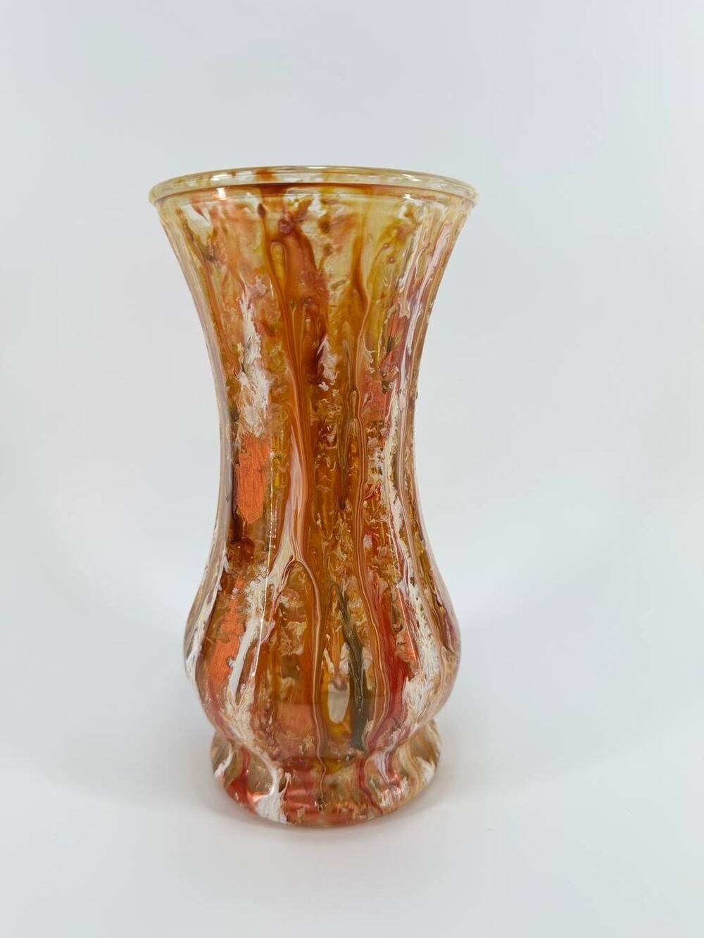 Apese Hand Painted Art Glass Vase Resin Finish Orange Brown Drip 1.66 lb